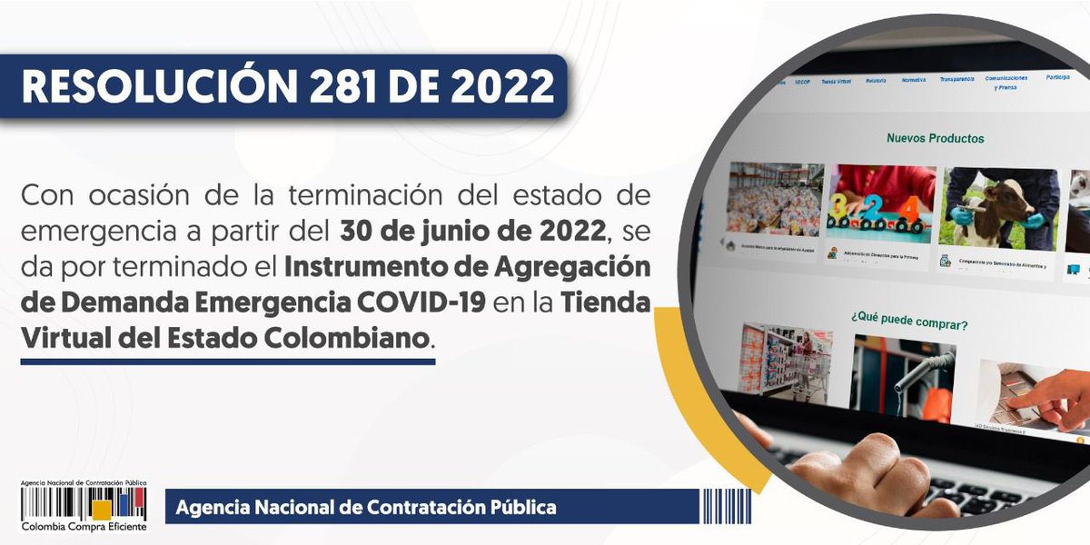 ❗️Informamos que con ocasión de la terminación de la emergencia sanitaria decretada por la Presidencia de la República, hoy 30 de junio de 2022, el Instrumento de Agregación de Demanda emergencia COVID-19 se ha dado por terminado.

Conoce la resolución 👉:bit.ly/3Nx7OFd