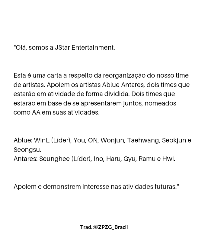 ZPZG_Brazil's tweet photo. #INFO | 17.06.2022 • Atualização na conta do ZPZG.

Após dois anos com ZPZG, Jstar anuncia uma nova reforma em seus grupos.

🔗https://t.co/JtoJ0pEndq

#ZPZG #지피지기 @zpzg_official https://t.co/axcpkZn7J0