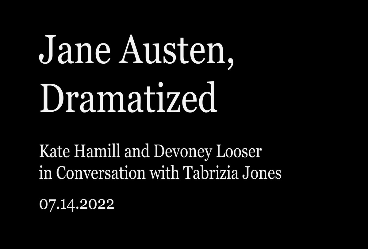 Playwright <a href="/katerone/">Kate Hamill</a>, scholar <a href="/devoneylooser/">Devoney Looser</a>, and blogger-librarian Tabrizia Jones discuss #JaneAusten's place in the theatrical canon and the many, varied representations of her novels on stage . . . past, present, and future.  Register here: attendee.gototraining.com/r/322309121706… <a href="/nypl/">NY Public Library</a>