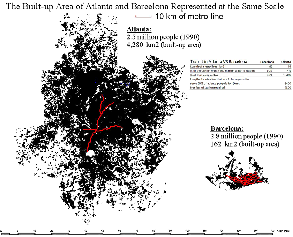 Years ago in a college transportation class, this graphic comparing the scale of Atlanta and Barcelona changed the trajectory of my career. How we plan and develop our cities matters greatly, and I hope it changes your perspective too. (Alain Bertaud)