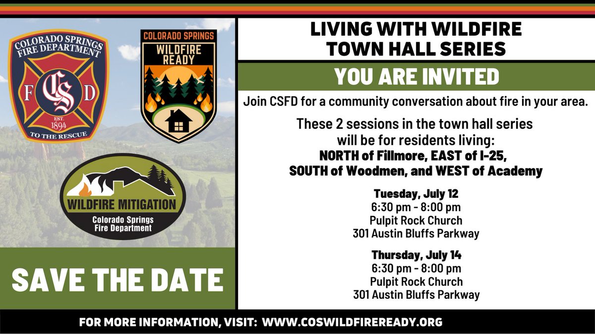 CSFDPIO's tweet image. 2 New Living with Wildfire Town Hall Meetings have been added! Find out how to get prepared for fire in your area of town. For more information, visit: coswildfireready.org/town-hall-seri…

#ColoradoSpringsFire #coswildfireready #firesafety