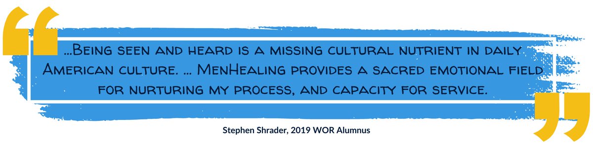 MenHealingOrg's tweet image. "Being seen and heard is a missing cultural nutrient in daily American culture. @MenHealingOrg provides a sacred emotional field for nurturing my process, and capacity for service."

- Stephen Shrader, 2019 #WeekendOfRecovery Alumnus

 #MaleSurvivors  #SexualVictimization #Hope