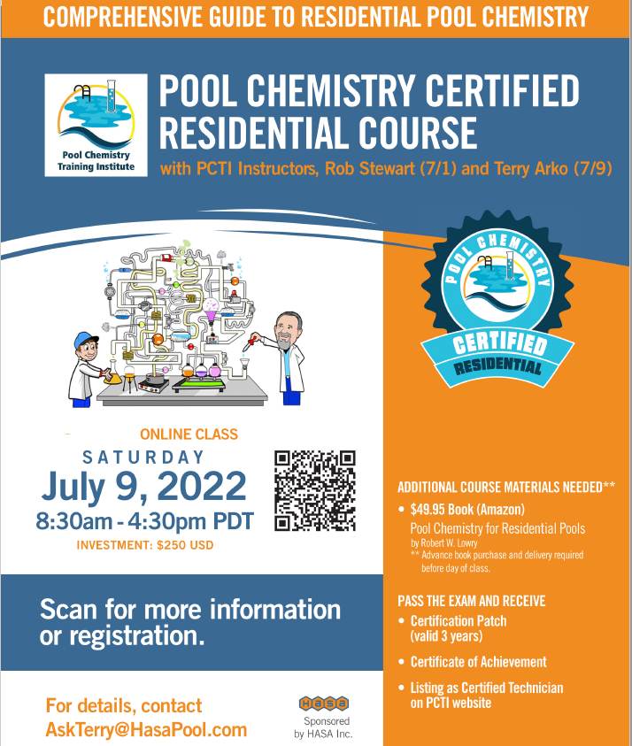 hasapoolinc's tweet photo. Have you signed up?  Don’t put it off.  Saturday, July 9th get Pool Chemistry Certified Residential with Terry Arko. You deserve more income. Earn your patch! Details here: https://t.co/6gOYYVMuyI. 

#poolpro #PCTI #getcertified #earnmoremoney #TerryArko https://t.co/P3lr2N7EnR