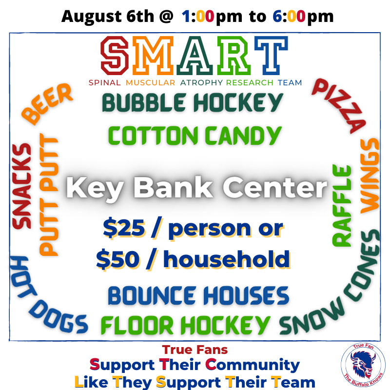 TrueFanOrWagon's tweet photo. 🔥 14th Annual SMART Celebration 🔥
August 6th @ Key Bank Center
(Home of the Buffalo Sabres)
https://t.co/SCLOkPIs4n
https://t.co/VlWZCWr2Q4
@smarthopedotcom
Friends and Family Fighting for a cure for SMA and other Neuromuscular Diseases.
#smartfoundation #sma #keybankcenter https://t.co/nUvXoq0TgE