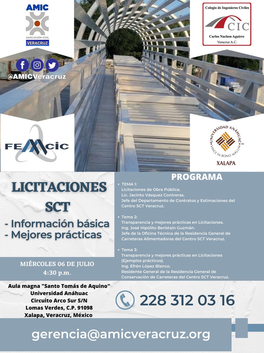 La #AMICVeracruz y el Colegio de Ingenieros Civiles Carlos Nachón Aguirre Veracruz invitan al #Taller:

"LICITACIONES SCT"; 
- Información básica.
- Mejores prácticas. 

¡ Evento totalmente GRATUITO !

Informes y registro al WhatsApp:
228 312 03 16

#SomosAMIC