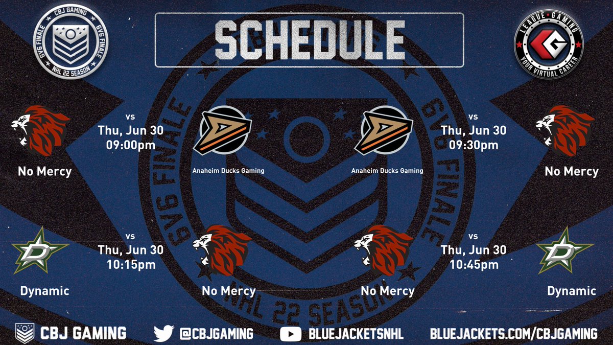 Tonights <a href="/CBJgaming/">CBJ Gaming</a> Finale powered by <a href="/leaguegaming/">Leaguegaming</a> schedule ! 
Find our games live on twitch.tv/xnato1