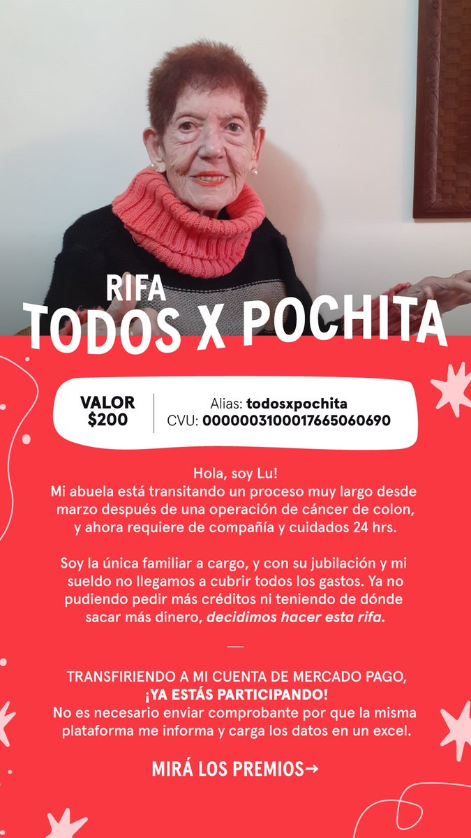 Lumonesterolo's tweet photo. Hola! Les comparto una Rifa que estoy haciendo por mi abuela, esta pasando por un proceso largo, tengo cuidadoras 24 hs y los gastos son de $200.000  #TodosXPochita la rifa se hace a través de transferencia y sale $200. En insta cualquier cosa están los videos explicando mejor! https://t.co/S7yoq4LXrD