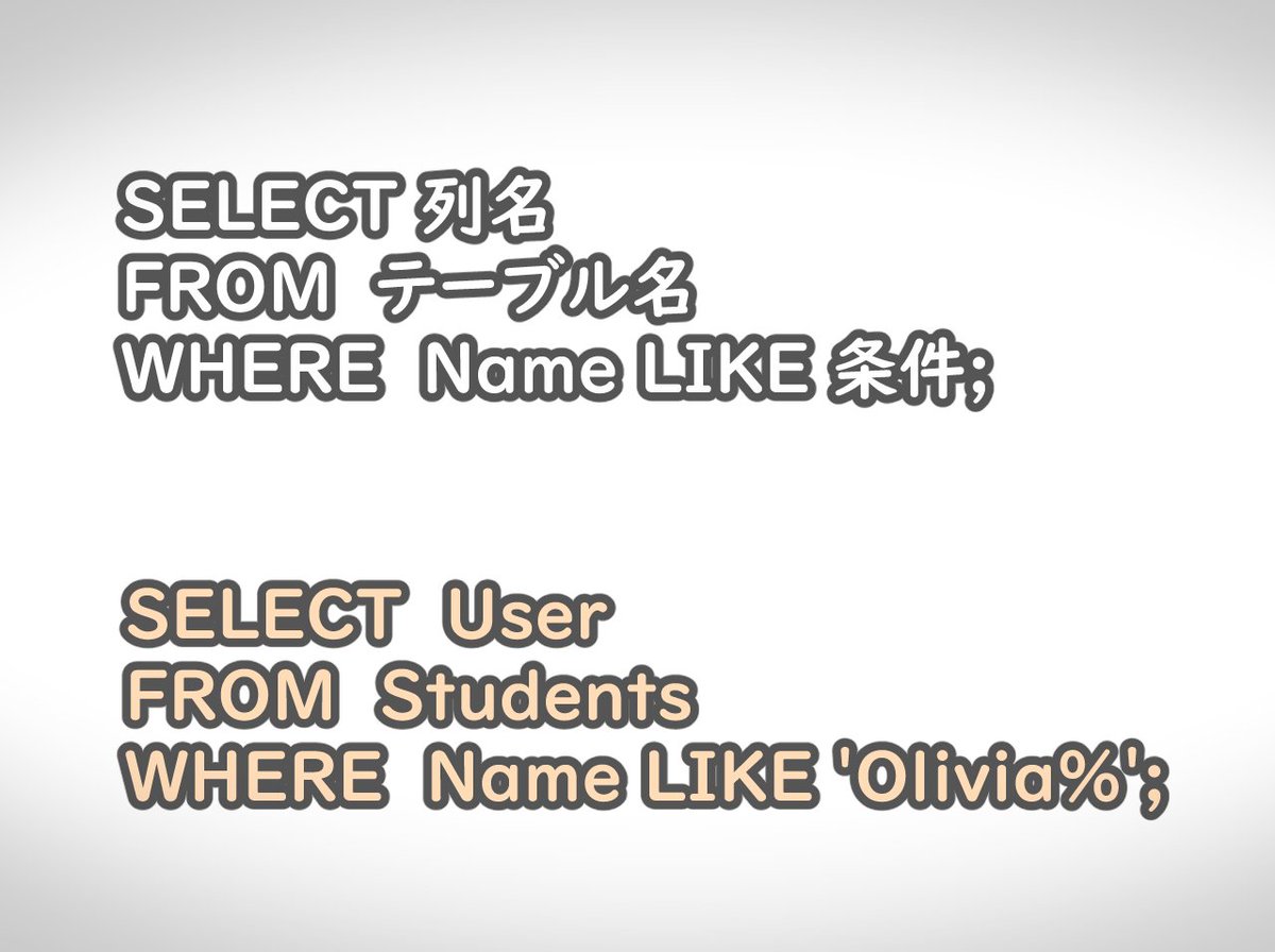 Aipictors's tweet photo. ★SQLServer
「LIKE」演算子で「あいまい検索」が可能
・WHERE文内でLIKE演算子を使って検索データを絞れる
・LIKE演算子の条件にはワイルドカードを使うことができる
・例:LINE 'Olivia%' で Oliviaから始まる文字列に絞る
#TechMemo
#SQL
#駆け出しエンジニアと繋がりたい
#プログラミング初心者 https://t.co/QiQ1ILkftv
