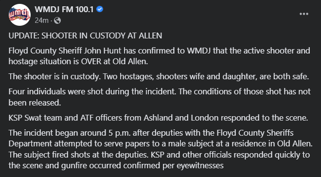 CodyAlcorn's tweet photo. SHOOTER IN CUSTODY IN ALLEN KENTUCKY per @WMDJFM100Sports https://t.co/sgwBLVebcO