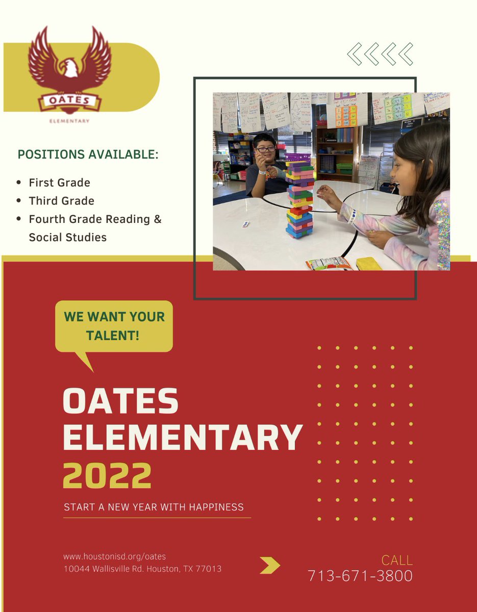 Ready to join the team? #SoartoSuccess #OatesEagles #TeamHISD