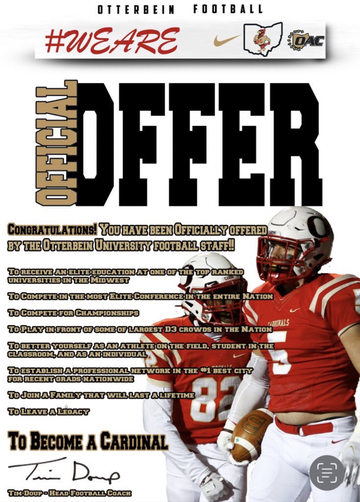 After a phone call with @CoachGeiger_ I’m extremely blessed to receive my 2nd offer from Otterbein University. @FootballPbhs @Otterbein_FB