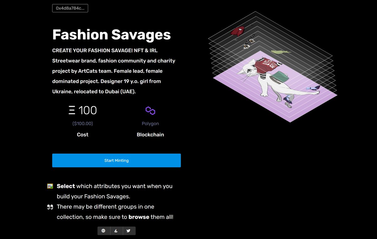 FashionXSavages's tweet photo. EXCLUSIVE
SECRET PROJECT FROM ARTCATS DUBAI🇦🇪
STEALTH MINT
PICK YOUR TRAITS!
IRL UNILITY PROVIDER @ACCNFTOfficial 
STREETWEAR BRAND
COLLAB WITH CRYPTOMORIES and GET FUTURISTIC
POLYGON NETWORK

CREATE YOUR FASHION SAVAGE: https://t.co/kjEiyEOiwV 

OPENSEA: https://t.co/kI6lHslZZO https://t.co/W50K2NI5G2