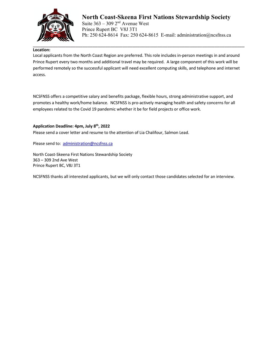 Dream #job alert! We are looking to fill my position as Salmon Value Lead with North Coast Skeena First Nations Stewardship Society while I'm on maternity leave - soon! This is an opportunity to work in applied salmon habitat conservation with a stellar crew - Please share! (1/8)