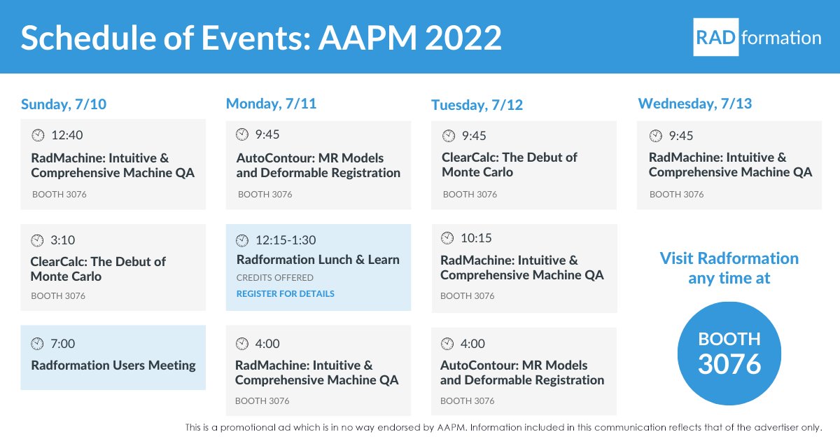 aapmHQ's tweet photo. From in-booth product presentations to their Lunch and Learn, get excited about all that Radformation has planned for #AAPM2022. See their full schedule of events and reserve your spot. https://t.co/NbLyU55maR @radformation #medicalphysics #medphys #PromotionalAd https://t.co/rAkSa8UiuN