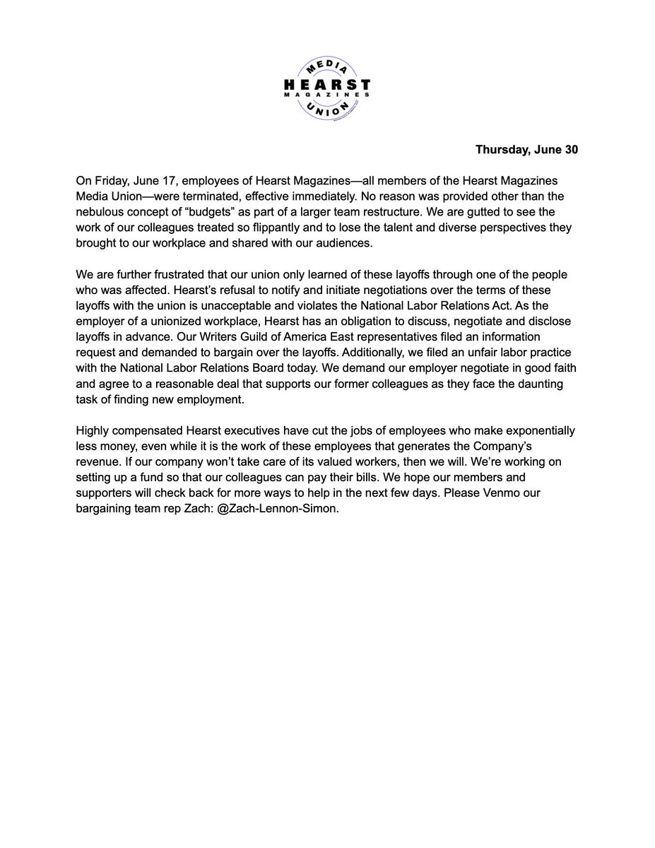A statement from the Hearst Magazines Media Union committee on recent layoffs at our workplace