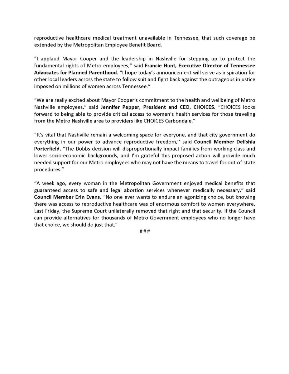 To protect women’s right to choose, we are requesting the Metro Employee Benefit Board extend health coverage for Metro employees to include reimbursement to obtain medical procedures unavailable in Tennessee. (Benefit includes transportation, accommodations, and related costs.)