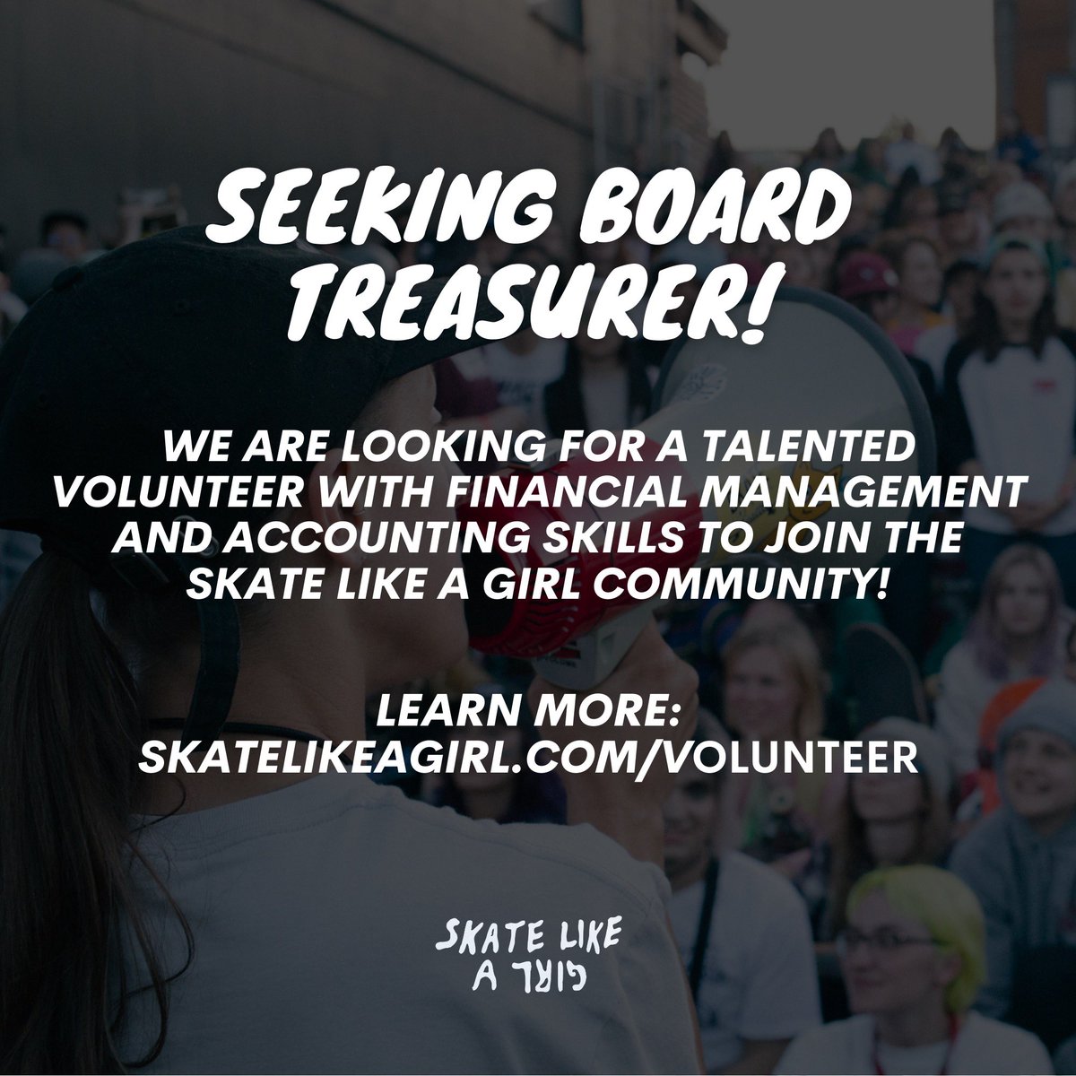 Do you want to use your specialized skills, professional background, and community connections to elevate the power and sustainability of Skate Like a Girl? Complete our volunteer application to start the process of become out next Board member today! skatelikeagirl.com/volunteer.html