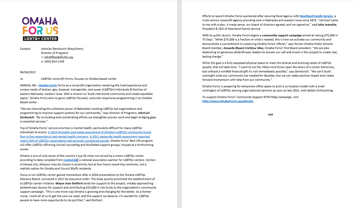 OmahaForUs's tweet photo. 🚨New #LGBTQ+ focused nonprofit organization forms to "build intentional community and create equitable space for LGBTQ+ individuals &amp; families of eastern Nebraska, western Iowa in Omaha-based center." 🏳️‍🌈🏳️‍⚧️  @HeartlandFam is Fiscal Agent, Mayor Stothert endorses effort.🧵1/2 https://t.co/CaxkYu5lqh