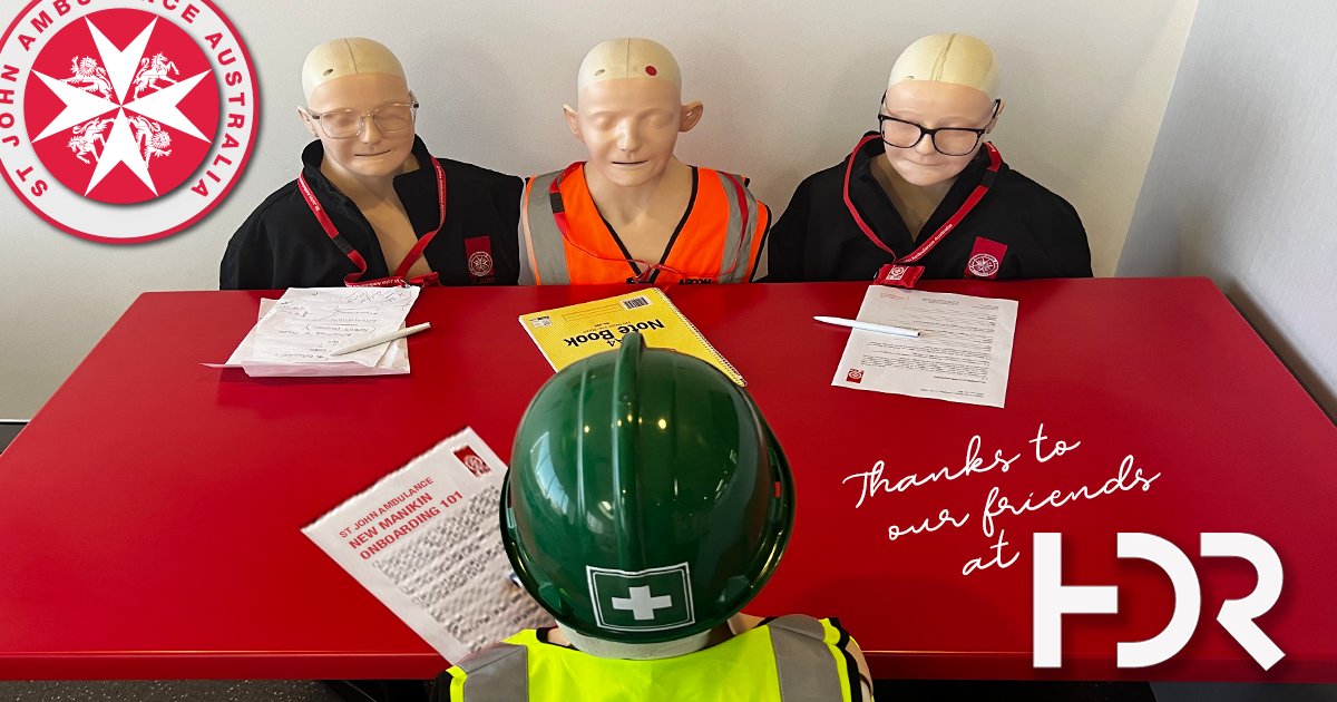 Thanks HDR for releasing 3 exceptional staff to continue their service at St John Qld. Our T/leader is  😃  thrilled to be onboarding 3 new manikin employees to our team. Your donation will ensure we can continue our mission to build safer &amp; more resilient communities across QLD.
