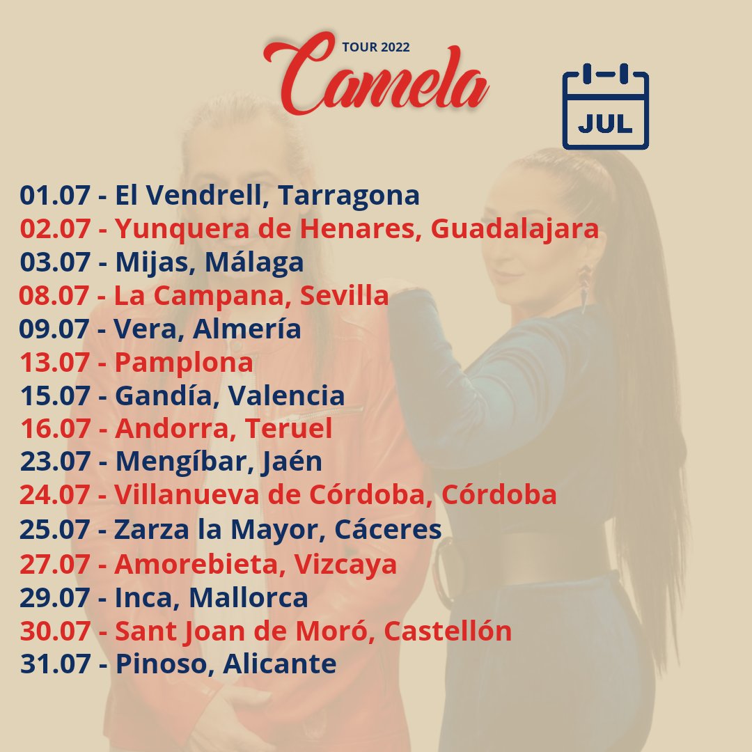 𝗔𝗥𝗥𝗔𝗡𝗖𝗔𝗠𝗢𝗦 el mes de Julio con más fuerza que nunca 💪🏻
Toma nota 📝

𝗢𝗦 𝗘𝗦𝗣𝗘𝗥𝗔𝗠𝗢𝗦! 🥰

#Camela #Concierto #Gira2022 #Tarragona #Málaga #Sevilla #Almería #Alicante #Guadalajara #Jaén #Mallorca #Vizcaya #Alicante... 🎤🎶