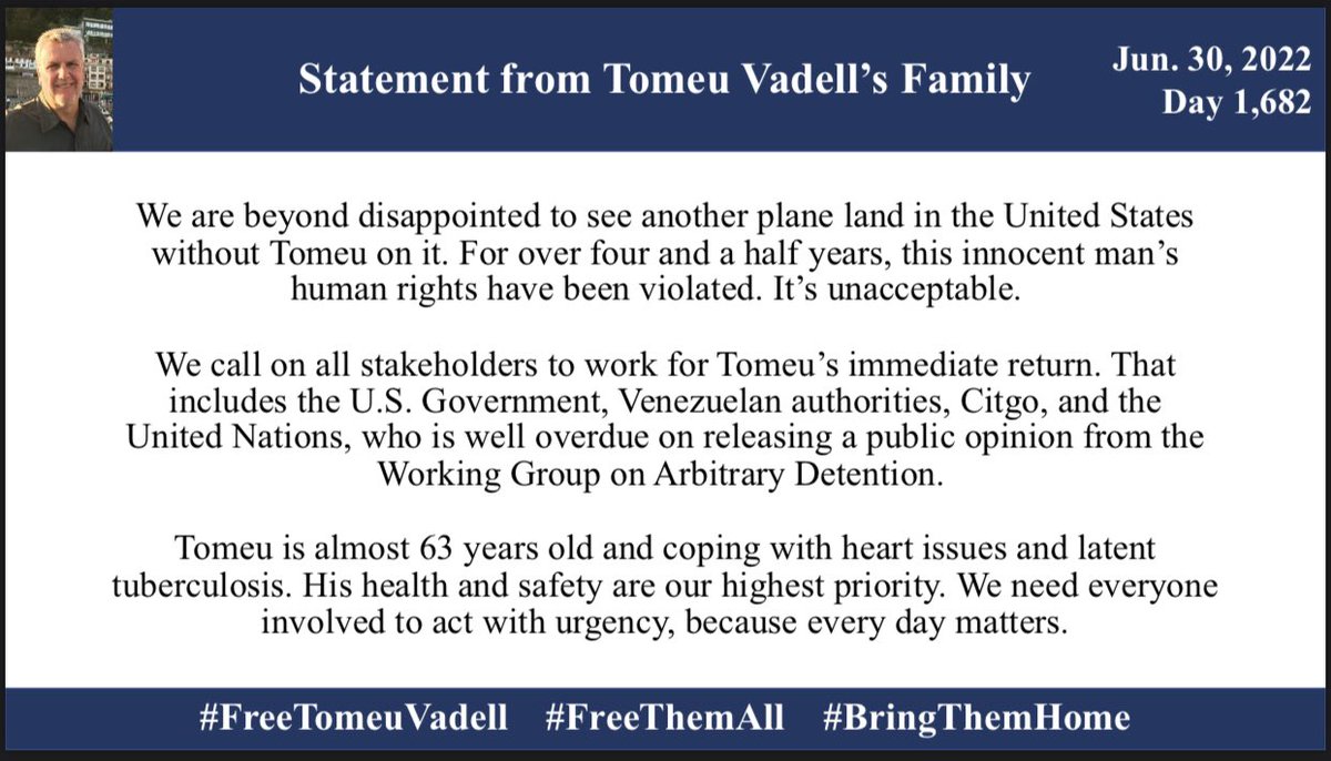 FreeCitgo6's tweet photo. @POTUS @VP @NicolasMaduro @jorge @StateSPEHA @CITGO @UN #LibertadYa #FreedomNow #BringThemHome #FreeTomeuVadell https://t.co/vSsX6Ojxfs
