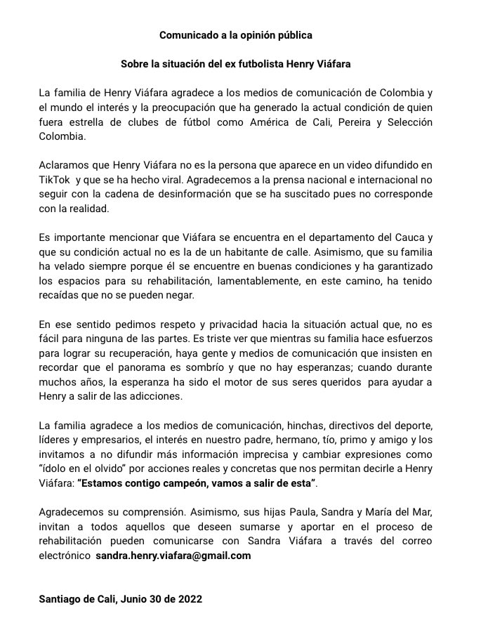 claudialbedoya's tweet photo. “Estamos contigo campeón”, un sentido comunicado sobre Henry Viáfara. @elcolombiano @elcomercio_peru @AmericadeCali @ElUniversalCtg @pulzo @Dimayor @Cali24Horas @FCFSeleccionCol @eluniversocom https://t.co/awTLidBMOW