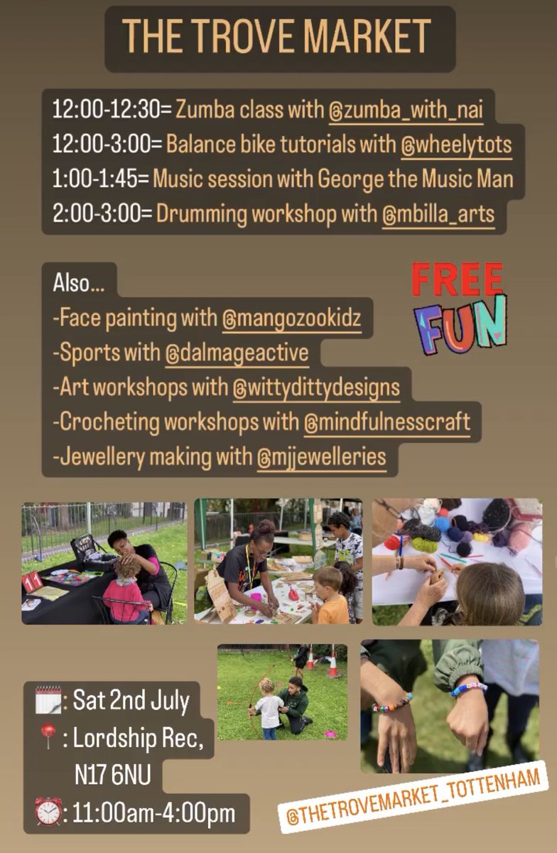OurKidsTrove's tweet photo. Lots of FREE fun happening this Saturday &amp; you’re invited!

🗓: Saturday 2nd July
📍: Lordship Recreation Ground, N17 6NU
⏰: 11:00am-4:00pm https://t.co/CwYjvGcKE4