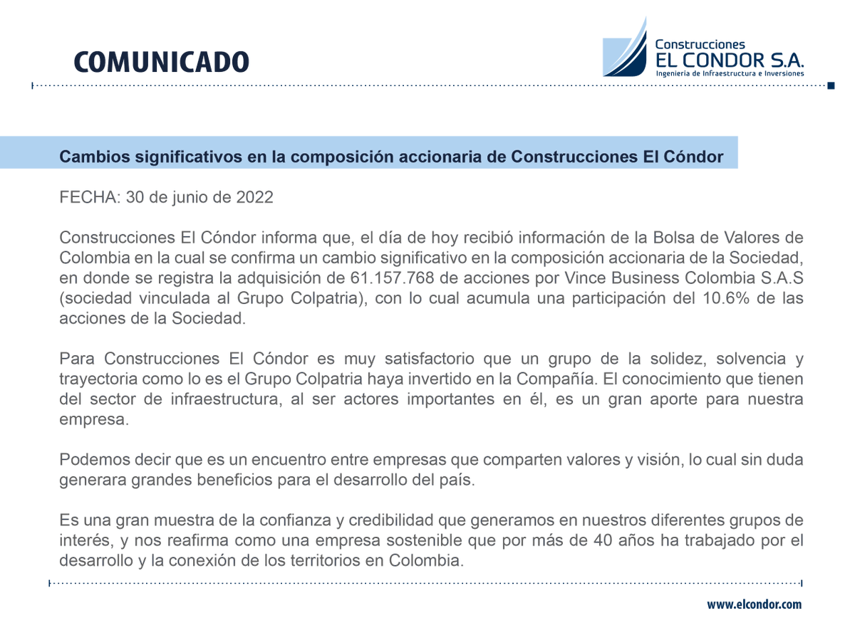 C_ElCondor's tweet photo. #AcciónCóndor #Comunicado | Cambios significativos en la composición accionaria de Construcciones El Cóndor. https://t.co/4NttCuM4Wu