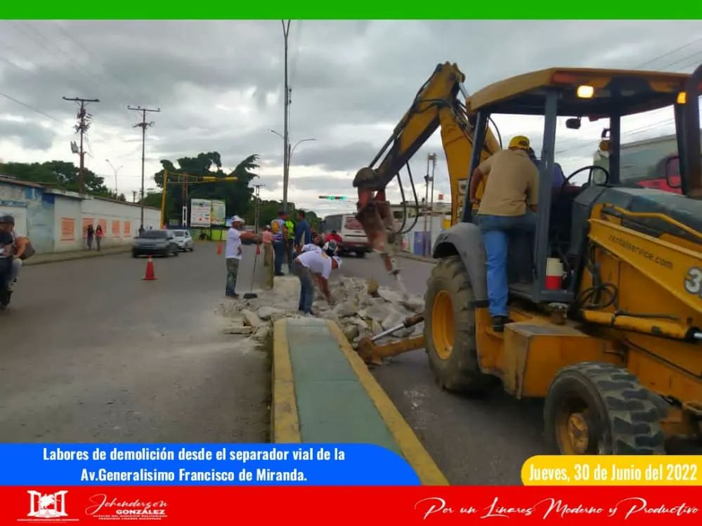 #30Jun | Desde nuestro Municipio seguimos dando cumplimiento a los lineamientos emanados por nuestro Presidente <a href="/NicolasMaduro/">Nicolás Maduro</a>, nuestra clase trabajadora continúa ejecutando labores en la fase de demolición del separador vial de la Avenida Generalísimo Francisco de Miranda.