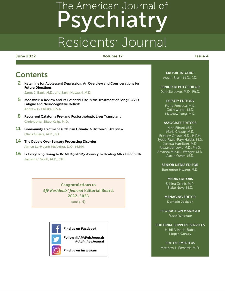 AJP_ResJournal's tweet image. June Issue of the AJP-RJ is out now!

Article topics include ketamine for adolescent depression, recurrent catatonia, a review on Modafinil for Long COVID, and so much more. Full issue available via the link in our bio.