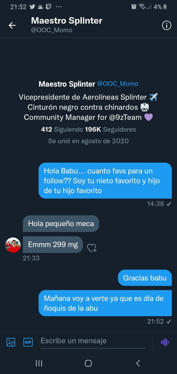 Ayúdenme a conseguir el follow del babu <a href="/OOC_Momo/">Maestro Splinter</a> . Den Fav y Rt por favor