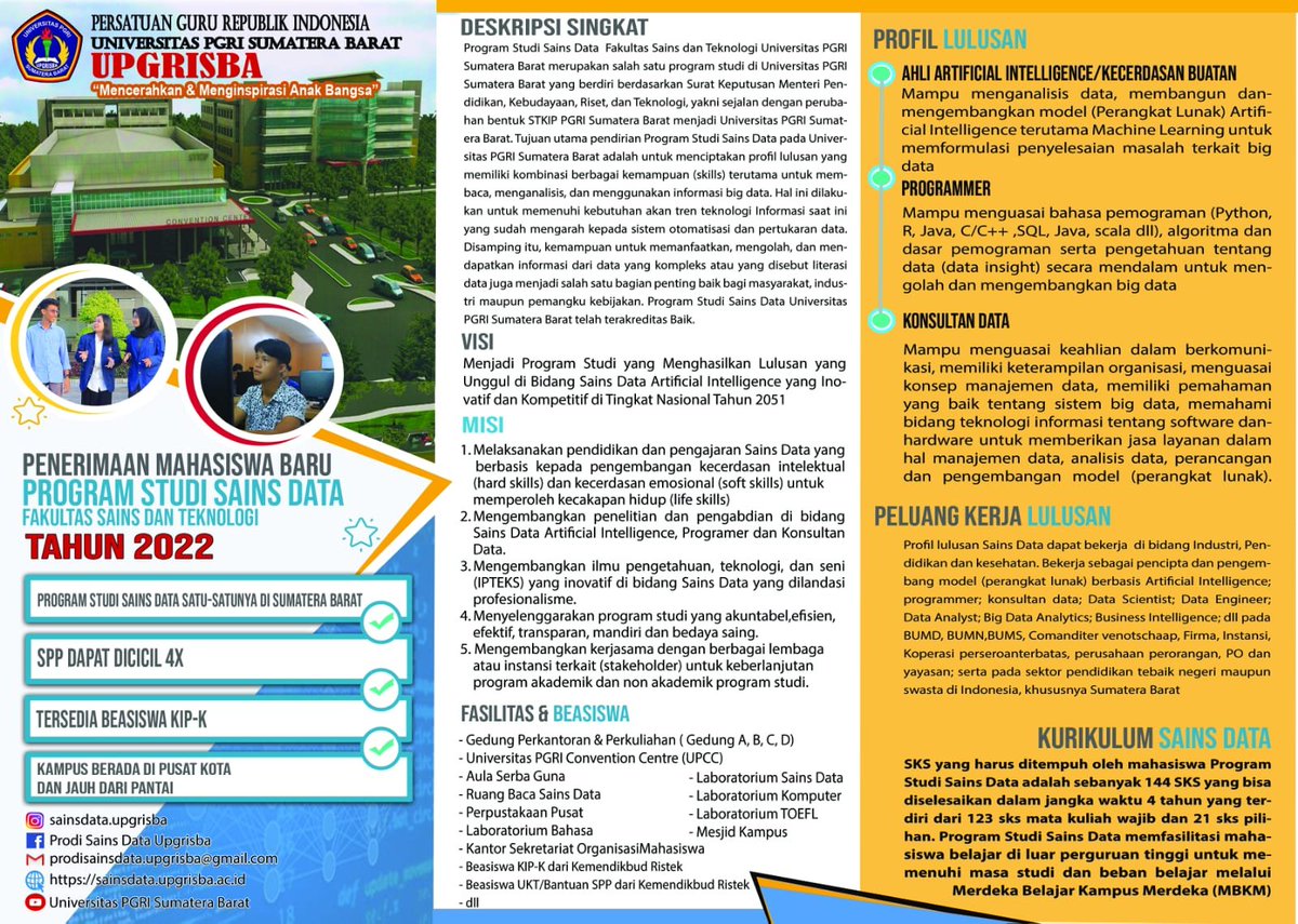 delsikariman's tweet photo. Penerimaan mahasiswa baru Program Studi Sains Data Universitas PGRI Sumatera Barat Tahun 2022 #upgrisba #sainsdataupgrisba https://t.co/TD5uv0c0zS