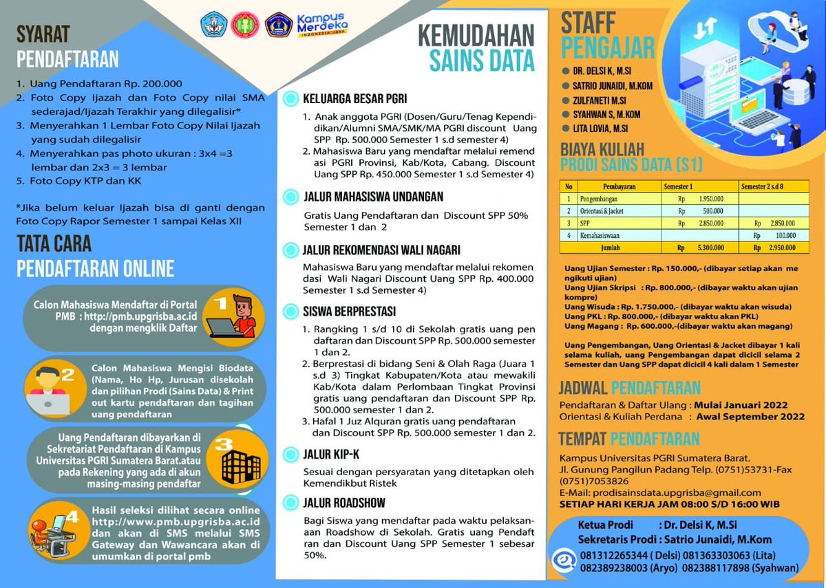 delsikariman's tweet photo. Penerimaan mahasiswa baru Program Studi Sains Data Universitas PGRI Sumatera Barat Tahun 2022 #upgrisba #sainsdataupgrisba https://t.co/TD5uv0c0zS