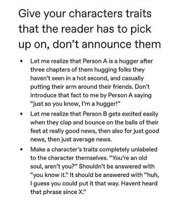 badwritermedia's tweet photo. Character traits your reader 
can pick up on
 #badwriter 
#WritingCommunity 
#writingtips #writingadvice 
#writersoftwitter https://t.co/OktMZ6thnk