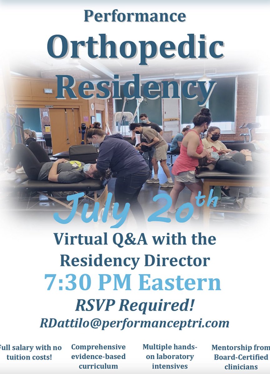 As 8 amazing current residents pass the halfway mark, applications have OPENED for cohort #2 of the @PerformancePTRI Orthopedic Residency, launching Jan 2023. 

Don’t “do” a residency…be PART of a residency! 

Register here for the Q&amp;A: performanceptri.com/event-registra…