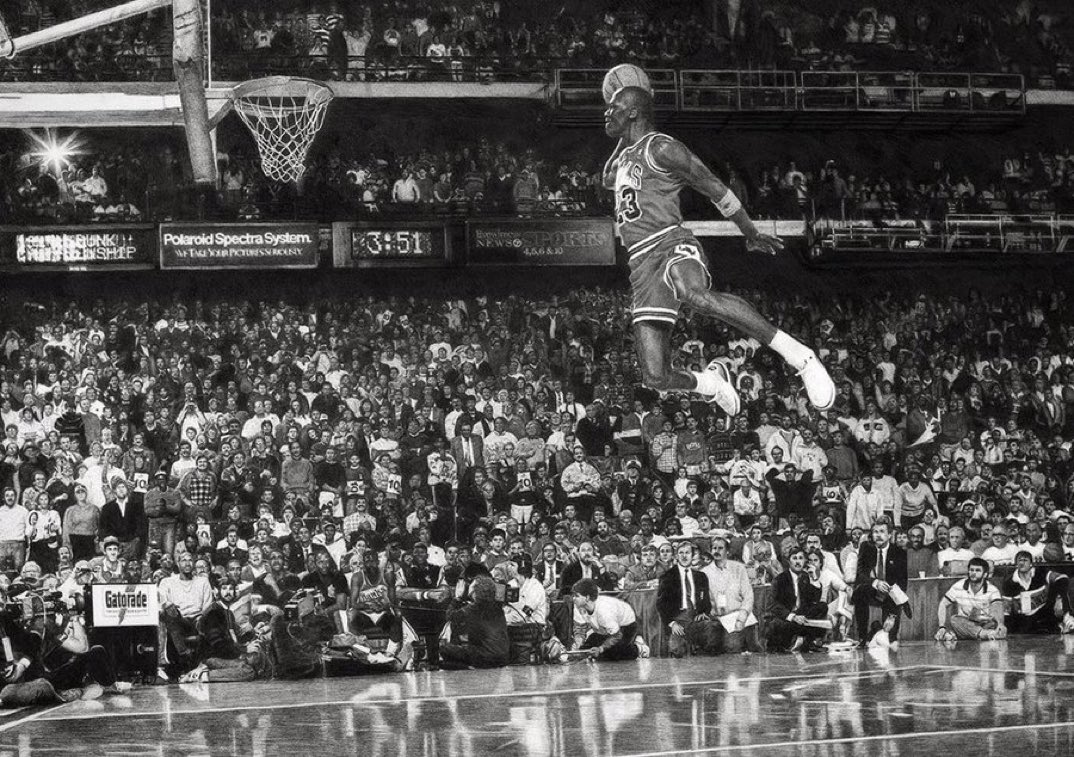 This pencil *hand drawing* of Michael Jordan’s famous dunk from 1987 took 250 hours to complete.