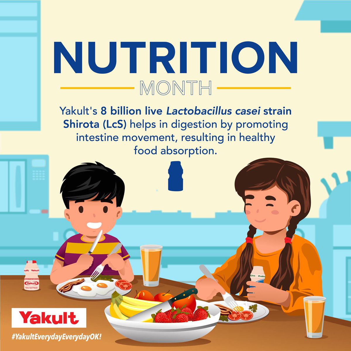 It's Nutrition Month! ​Make the most out of our meals by pairing them with Yakult daily. Every bottle of Yakult has 8 billion live Lactobacillus casei strain Shirota (LcS) which helps improve digestion and boost the absorption of food to make us healthy. #YakultEverydayEverydayOK