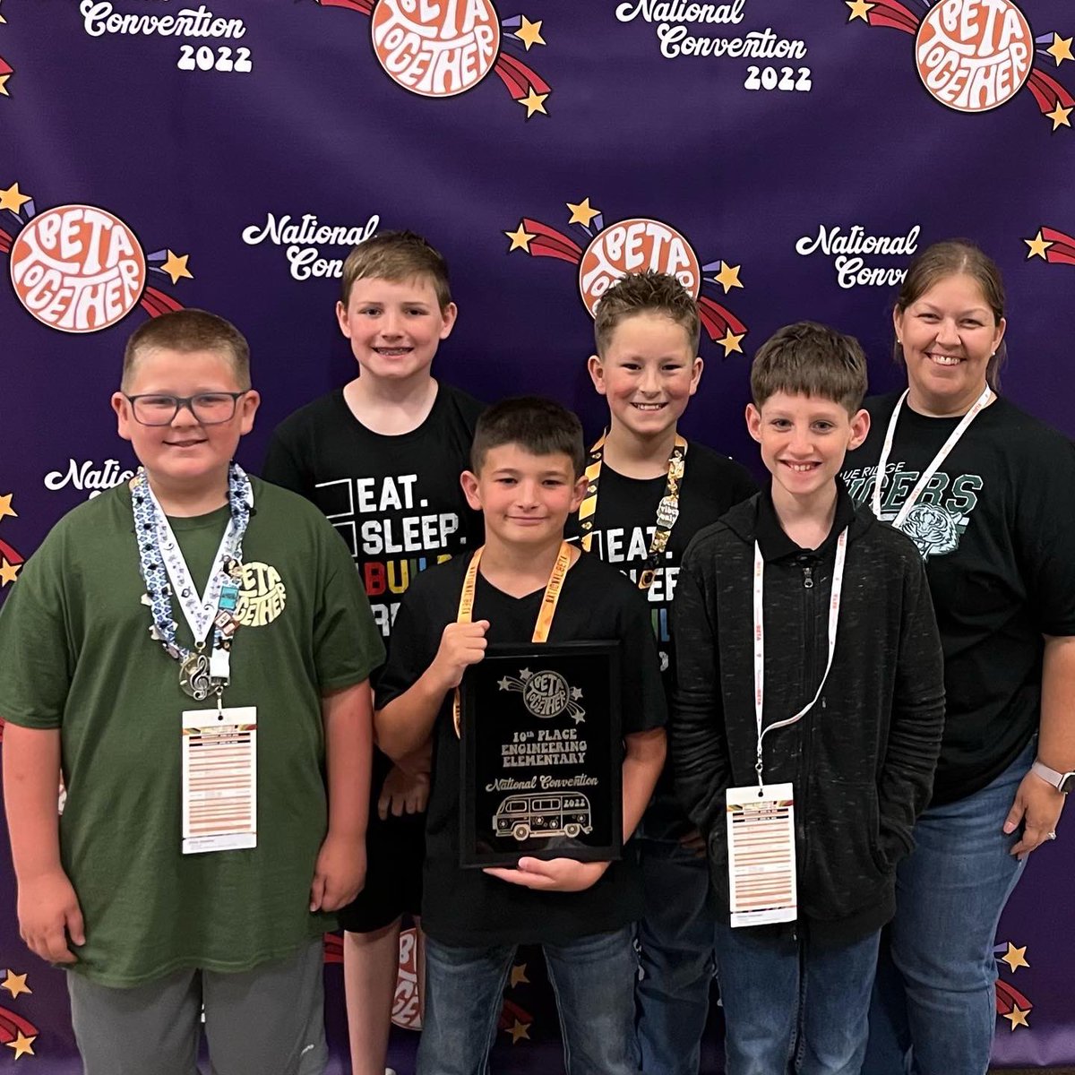 BRBetaClub's tweet photo. What a night! Our Elementary Betas are bringing home these NATIONAL awards:

*6th Place: Service Learning Showcase
*10th Place: Engineering
*10th Place: Apparel Design
 
We are SO PROUD of these students and their hard work! #BetaCon22 https://t.co/bmBQH4V3nw