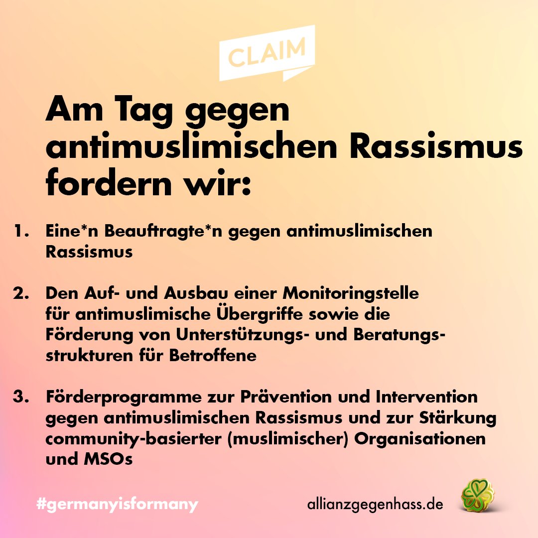#AntimuslimischerRassismus darf kein Nischenthema bleiben – die Bekämpfung jeglicher Rassismen muss ein Querschnittsthema werden! Als Allianz aus 50 Akteur*innen fordern wir von der Bundesregierung, dass die Arbeit gegen antimuslimischen #Rassismus endlich Fahrt aufnimmt: