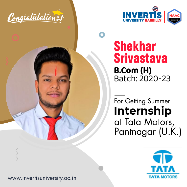 InvertisUni's tweet photo. Heartiest Congratulations to Shekhar Srivastava of https://t.co/SLbYQYMDtp. (H), for summer internship opportunity with Tata Motors! Our best wishes to you for your bright future ahead. 

You made us very proud! Congratulations, once again!

#TataMotors #BcomH #Bcom #hardwork https://t.co/p7MeMFRa9r