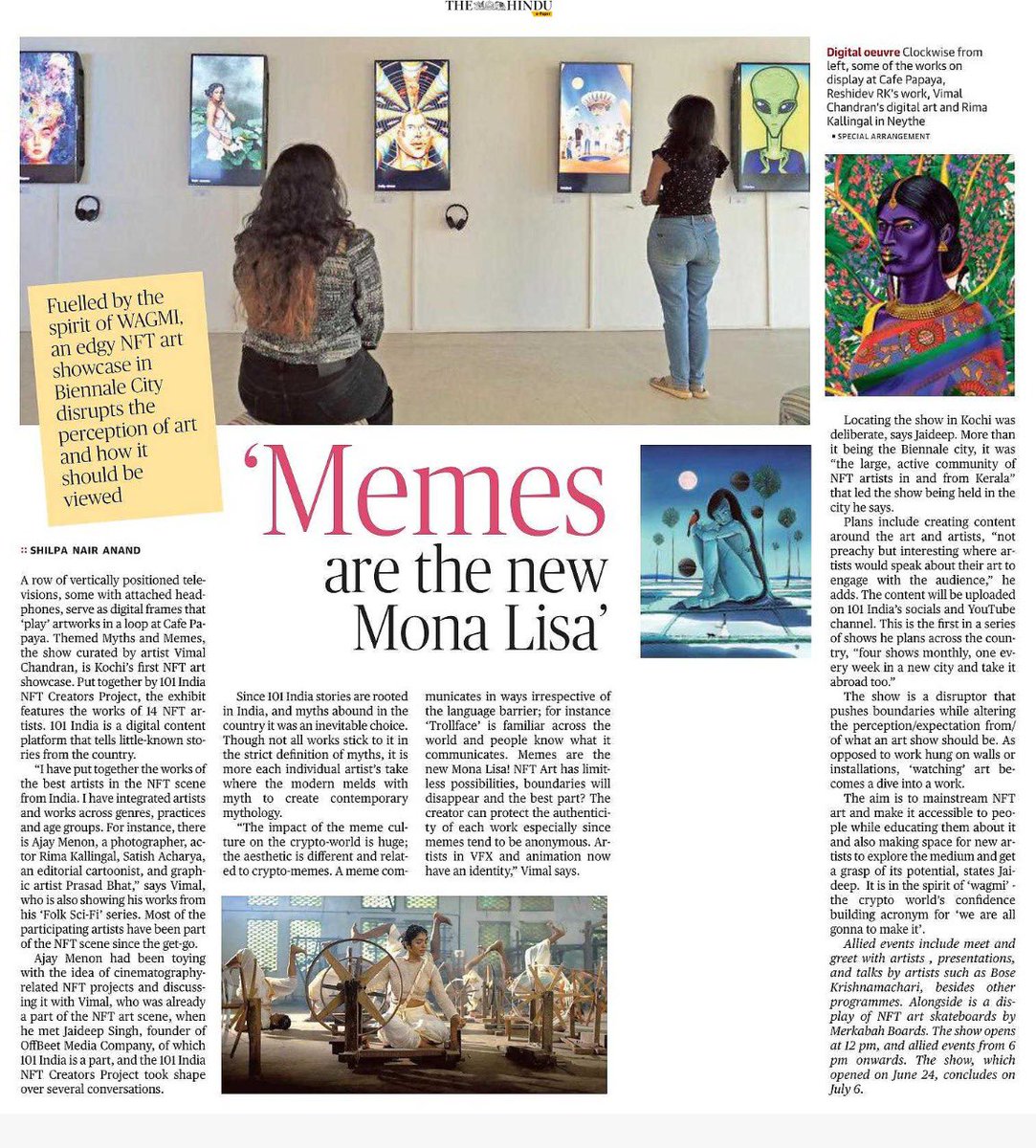 Vimal Chandran (@vimalc) on Twitter photo “Fuelled by the spirit of WAGMI, an edgy NFT art showcase in Biennale City disrupts the perception of art and how it should be viewed.”
Todays article on <a href="/the_hindu/">The Hindu</a> about the show ‘Myths & Memes’. <a href="/101India/">101India</a> <a href="/Cafe_Papaya/">Cafe Papaya</a> <a href="/reshidevrk/">Reshidev RK</a> <a href="/rimarajan/">rima kallingal</a> <a href="/ajaym7/">Ajay Menon</a> <a href="/PrasadPBhat/">PrasadBhat.eth</a> <a href="/ArchanNair/">ARCHAN NAIR</a> “Fuelled by the spirit of WAGMI, an edgy NFT art showcase in Biennale City disrupts the perception of art and how it should be viewed.”
Todays article on <a href="/the_hindu/">The Hindu</a> about the show ‘Myths & Memes’. <a href="/101India/">101India</a> <a href="/Cafe_Papaya/">Cafe Papaya</a> <a href="/reshidevrk/">Reshidev RK</a> <a href="/rimarajan/">rima kallingal</a> <a href="/ajaym7/">Ajay Menon</a> <a href="/PrasadPBhat/">PrasadBhat.eth</a> <a href="/ArchanNair/">ARCHAN NAIR</a>