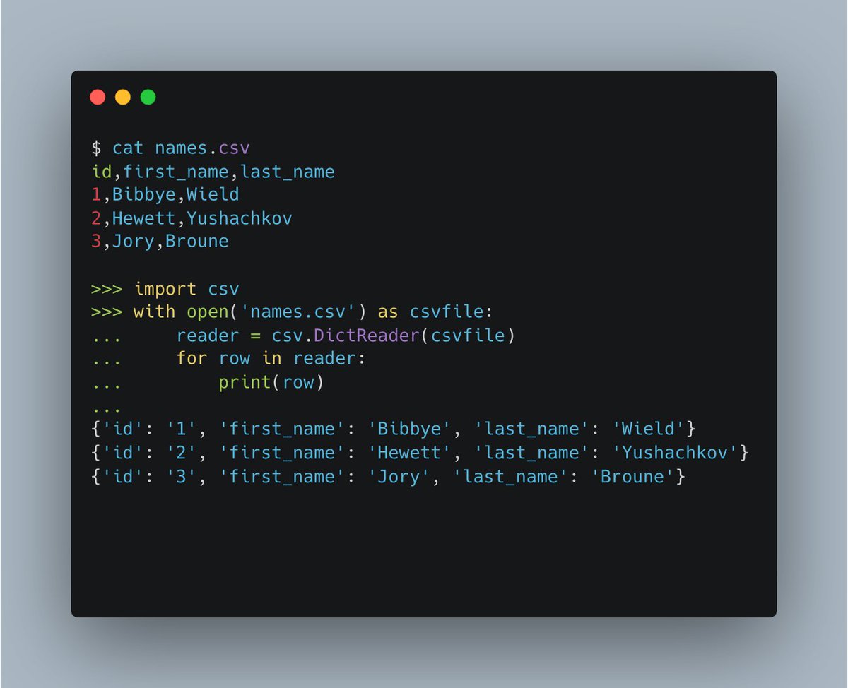 More #python #tips: you can use csv.DictReader() to process rows in a csv file as dictionaries, much nicer 😍