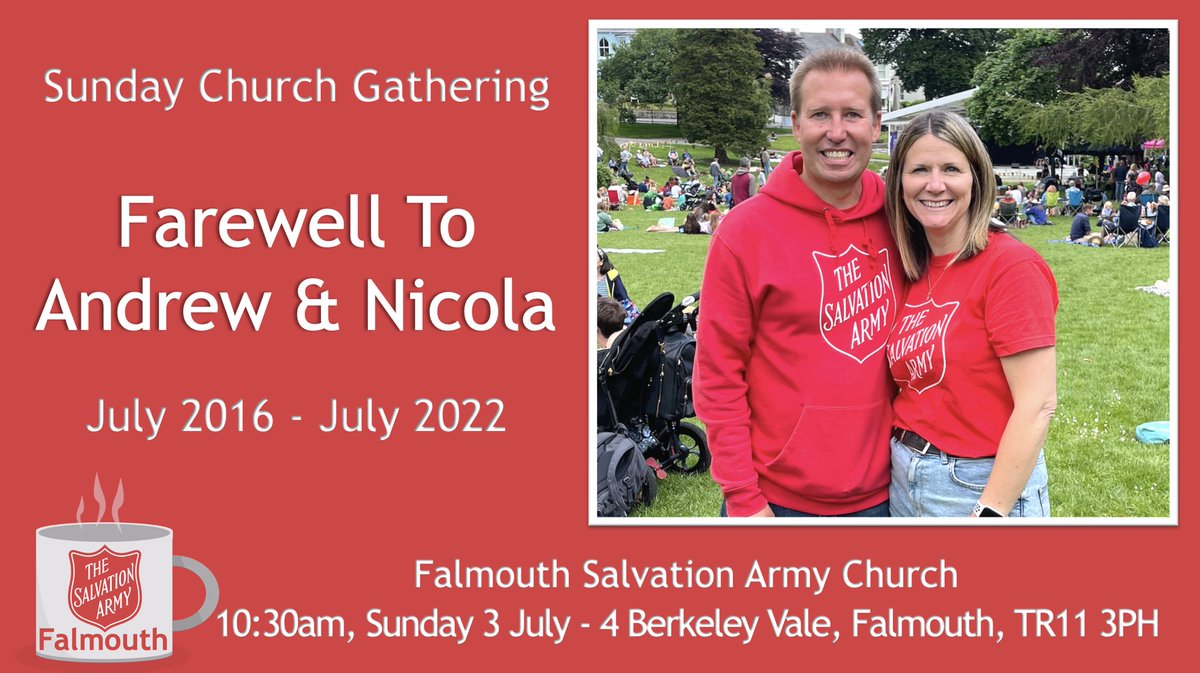 This Sunday is our Farewell #Church Gathering. We would like to see you one last time as we thank God for 6 years of ministry here in #Falmouth! There will be opportunity for anyone who would like to share a memory from the past 6 years.

 #TheSalvationArmy #cornwall
