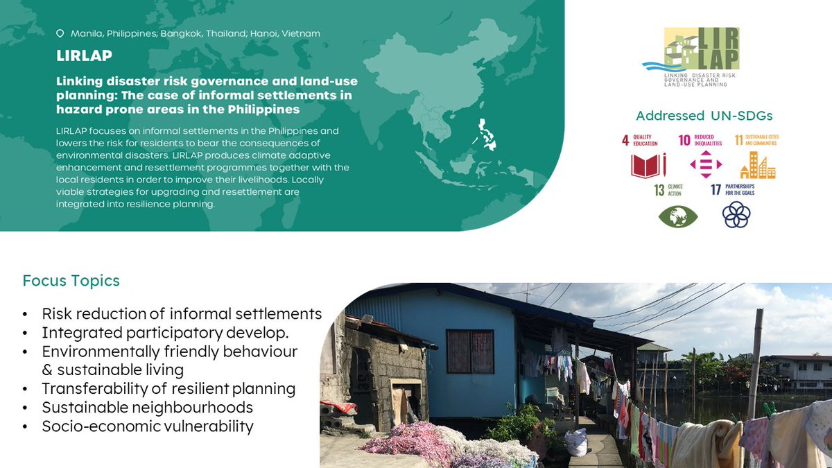 sure_regions's tweet image. Today we introduce you to our research project LIRLAP. The project focuses on #InformalSettlements in the Philippines &amp;amp; lowers the risk for residents in the context of #EnvironmentalDisasters. For more information sustainable-urban-regions.org/project/lirlap/
#BMBF_SUREregions