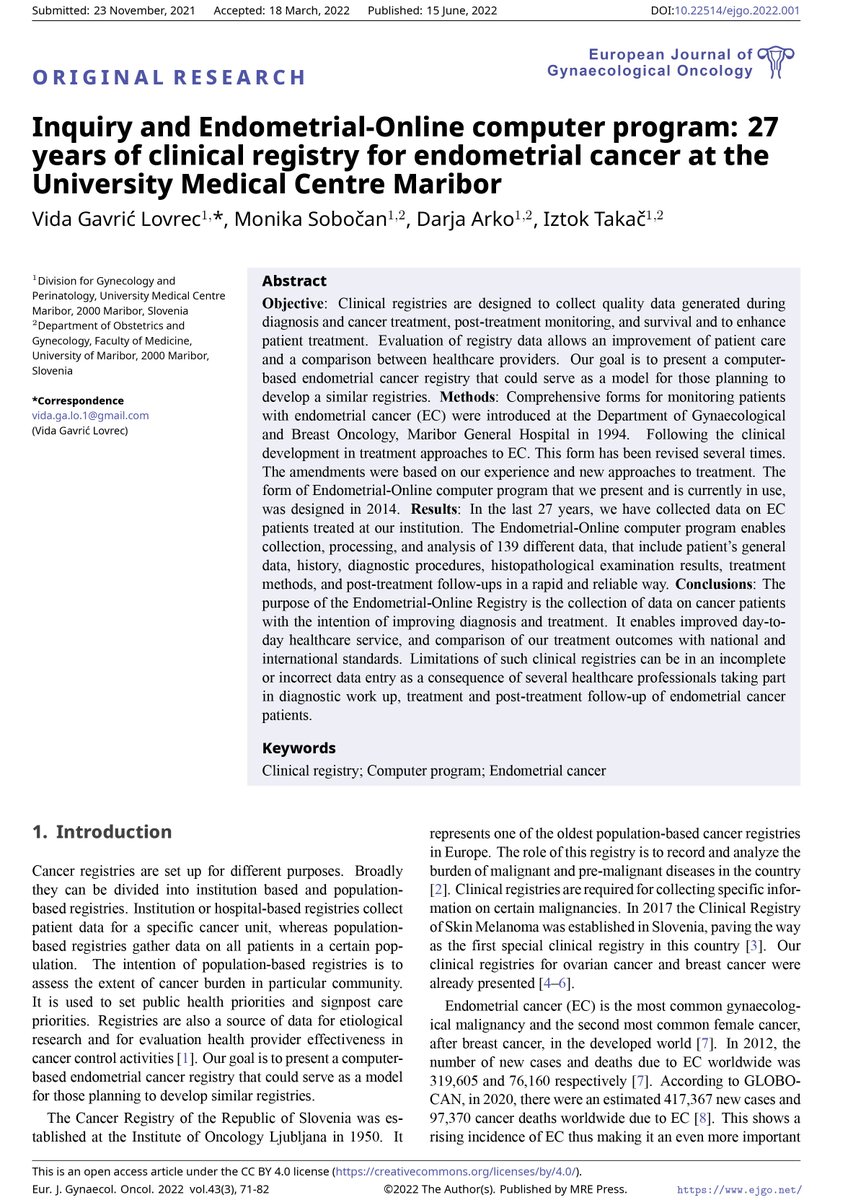 EJGO_1980's tweet image. Share an excellent paper! Inquiry and Endometrial-Online computer program: 27 years of clinical registry for endometrial cancer at the University Medical Centre Maribor
by Vida Gavrić Lovrec et al.,ejgo.net/articles/10.22…, #Clinical_registry #Computer_program #Endometrial_cancer