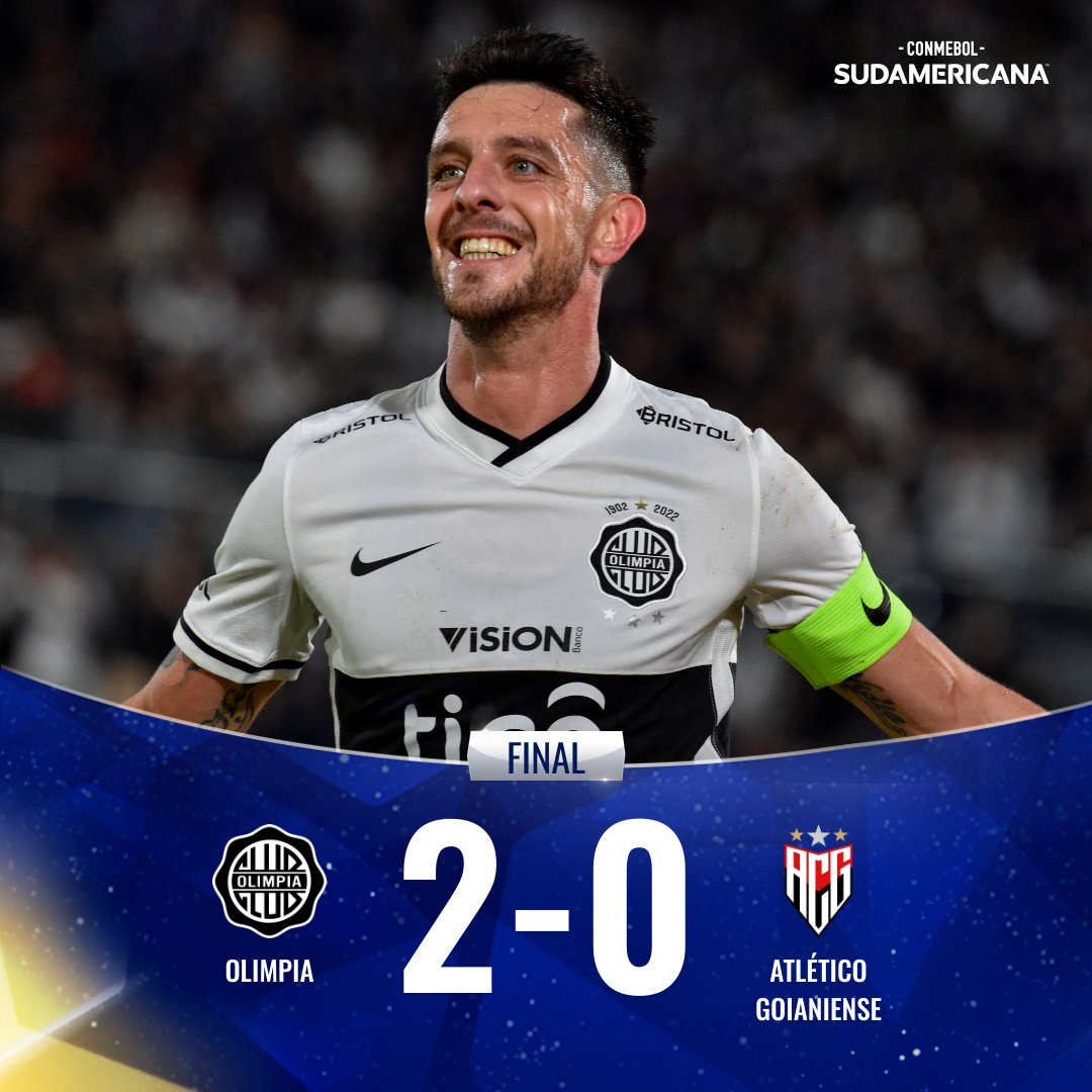 Sudamericana's tweet photo. ⏱️ ¡Terminó el partido! ¡Ganó @elClubOlimpia en Asunción!

🇵🇾⚽️🇧🇷 El Franjeado derrotó 2⃣-0⃣ a @ACGOficial y sacó ventaja en la ida de los octavos de final de la CONMEBOL #Sudamericana.

🏆 La vuelta se disputará el próximo jueves en Goiânia. https://t.co/ao1YagR1nr