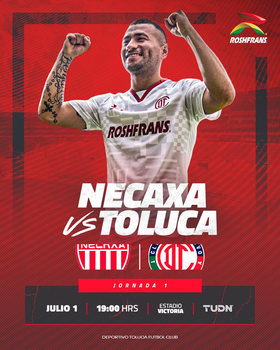 TolucaFC's tweet photo. ⚡️🆚👹| ¡Este viernes debutamos en el Torneo #Apertura2022, ante @ClubNecaxa!

🗓 Viernes · 1 de julio
🕒 19:00 hrs.
🏟 Estadio Victoria
📺 @TUDNMEX

@RoshfransMX | #𝗘𝗹𝗥𝗼𝗷𝗼EsTodo https://t.co/3QzfBA8EJa