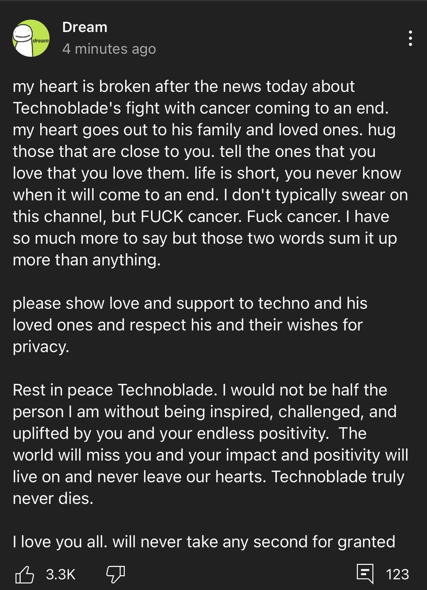 corpsehart's tweet photo. dream via youtube community tab
rest in peace technoblade https://t.co/fBCdQ1883k