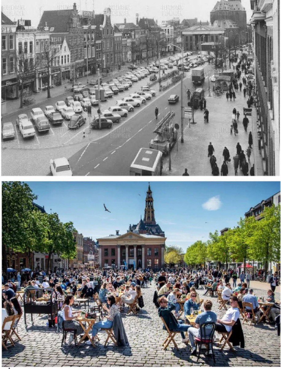 BrentToderian's tweet photo. The powerful but surprisingly simple transformation from car space to people place (1960’s vs 2021) in one of my past client cities, Groningen Netherlands. Just took a choice and the will to change. Now one of the city’s biggest challenges is how to handle all the parked bikes. https://t.co/ufSaljkPMI