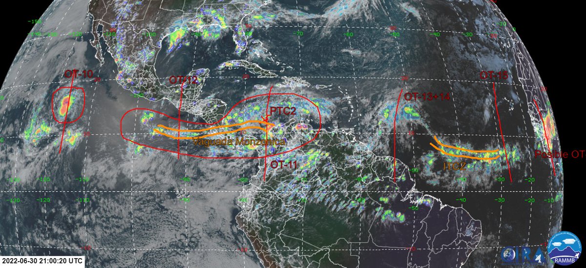 MeteoZulia's tweet photo. #Actualizacion #ondasTropicales #30Jun2022 2200 Basado en Análisis de Sup, 18000UTC, e imágenes de las 2100 UTC
#PCT2 y OT11 En el Caribe Colombiano, su campo nuboso aun cubre el Caribe y #Venezuela
OT13+14 ambas ondas se fusionaron, tiene 10% en 2 y 5 días,
OT15 al E Cabo Verde https://t.co/LzYVE2yBKB